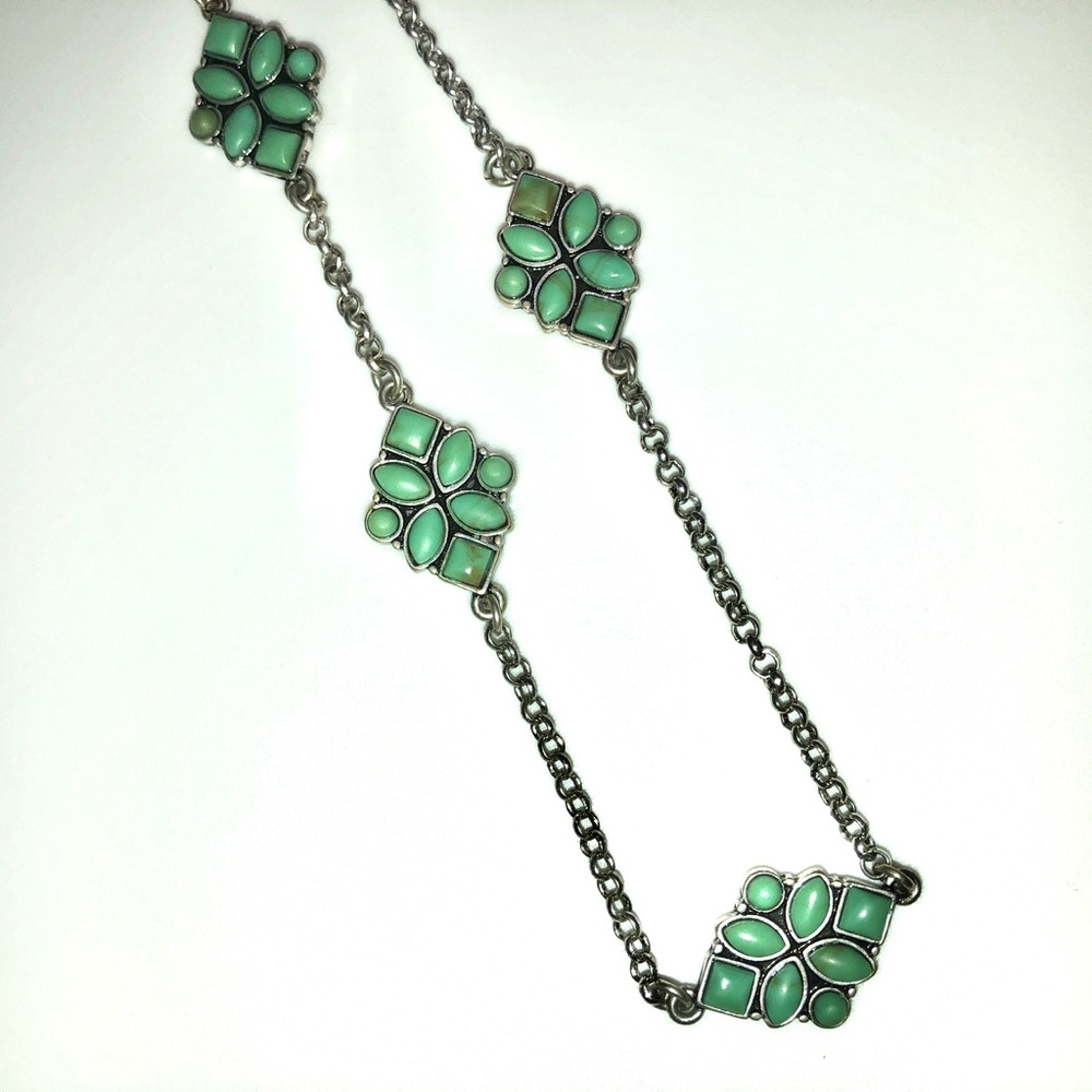 🎉3xHP🎉 LUCKY BRAND Faux Turquoise Silver Tone Diamond Shape Long Necklace NEW